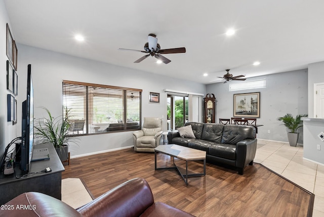 20450 N Shadow Mountain Dr, Surprise, AZ 85374 - living room featuring ceiling fan, recessed lighting, baseboards, and light wood-style flooring