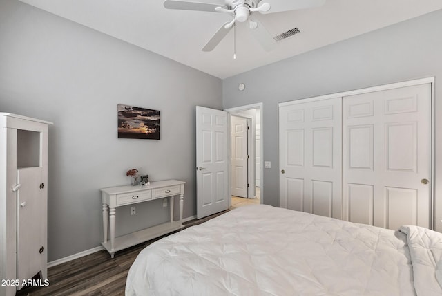 20450 N Shadow Mountain Dr, Surprise, AZ 85374 - bedroom featuring wood finished floors, baseboards, a closet, and a ceiling fan