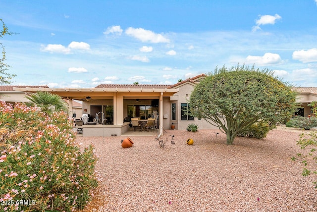 20450 N Shadow Mountain Dr, Surprise, AZ 85374 - rear view of property with a ceiling fan, a tiled roof, stucco siding, and a patio area