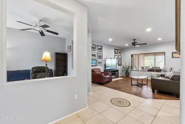 20450 N Shadow Mountain Dr, Surprise, AZ 85374 - living room featuring a ceiling fan, tile patterned flooring, recessed lighting, and baseboards