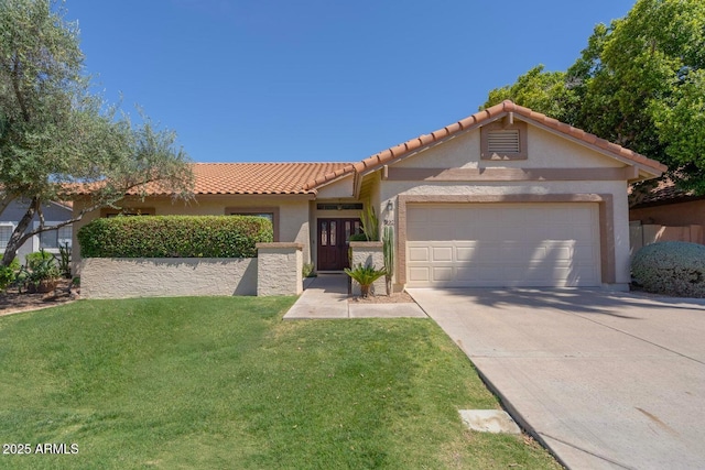 1226 E Greenway Cir, Mesa, AZ 85203 - view of front of home with stucco siding, a garage, driveway, a front lawn, and a tiled roof