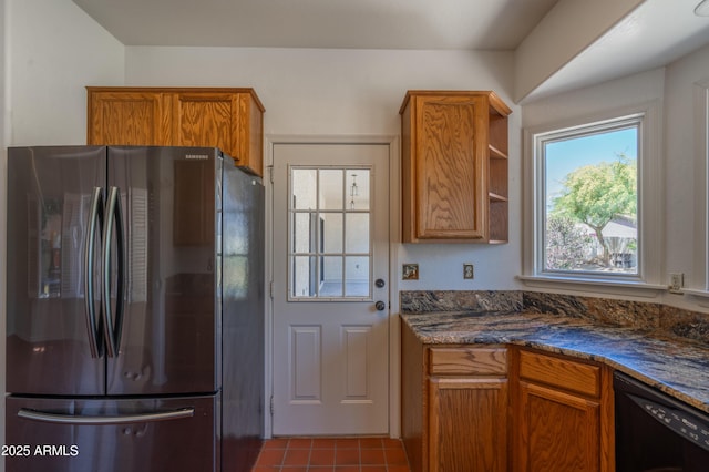 1226 E Greenway Cir, Mesa, AZ 85203 - kitchen featuring freestanding refrigerator, dishwasher, tile patterned flooring, and brown cabinets