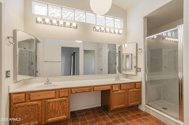 1226 E Greenway Cir, Mesa, AZ 85203 - full bath featuring a shower stall, tile patterned flooring, and double vanity
