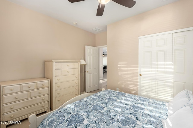 bedroom featuring visible vents and ceiling fan