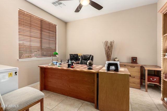 office space featuring light tile patterned floors, ceiling fan, and visible vents