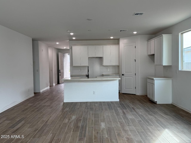 kitchen with white cabinetry, a wealth of natural light, and a center island with sink