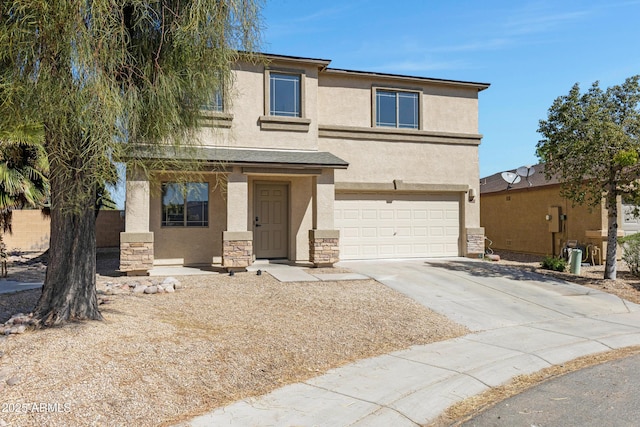 1612 E Desert Rose Trl, San Tan Valley, AZ 85143 - traditional-style home with concrete driveway, stone siding, a garage, and stucco siding