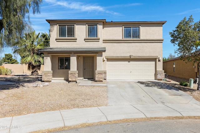 1612 E Desert Rose Trl, San Tan Valley, AZ 85143 - view of front of house with concrete driveway, stucco siding, stone siding, and an attached garage