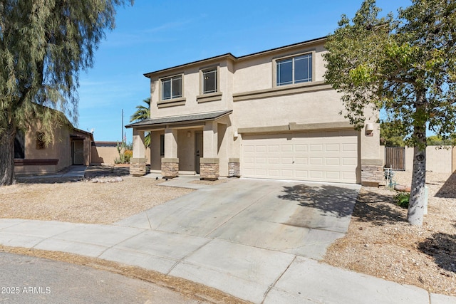 1612 E Desert Rose Trl, San Tan Valley, AZ 85143 - view of front facade featuring stucco siding, driveway, stone siding, an attached garage, and fence