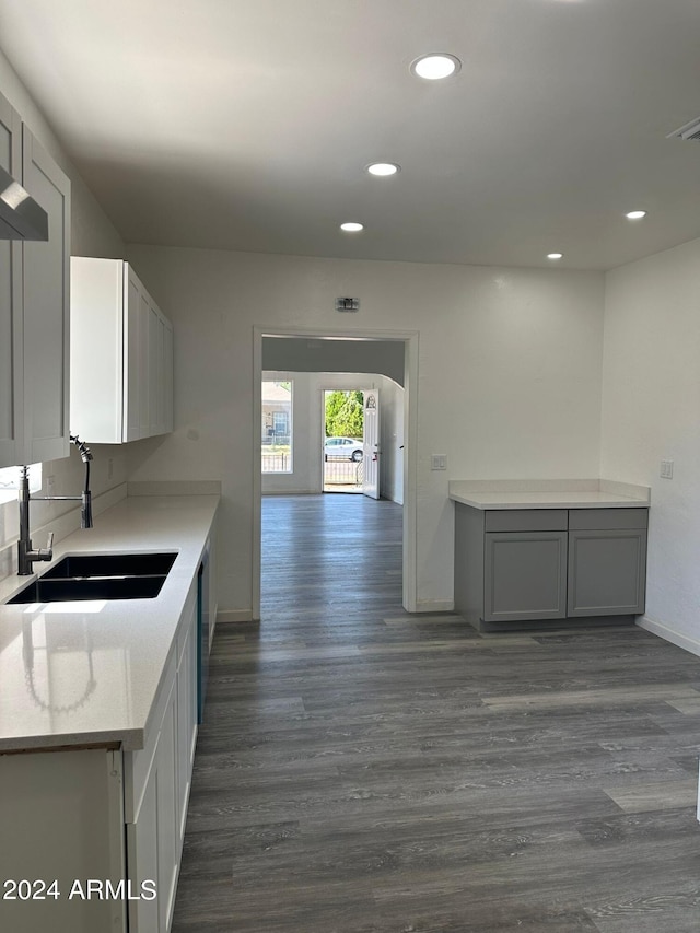 kitchen featuring gray cabinets, wood-type flooring, light stone counters, and sink