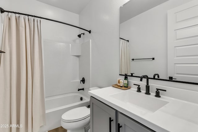 full bath featuring vanity, toilet, and shower / bathtub combination with curtain