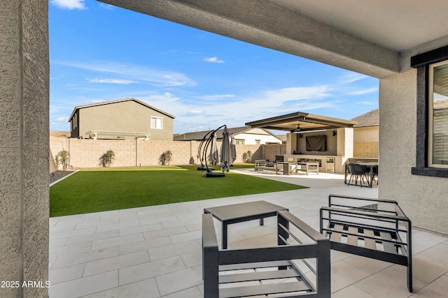 view of patio / terrace featuring outdoor dining area, a fenced backyard, and an outdoor living space