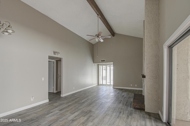 unfurnished living room featuring hardwood / wood-style floors, beam ceiling, high vaulted ceiling, and ceiling fan