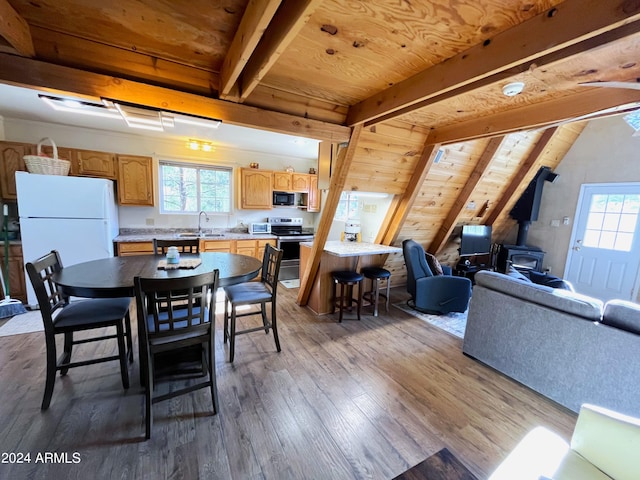 dining space featuring lofted ceiling with beams, wood ceiling, wood finished floors, and a wood stove