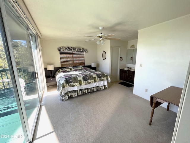 bedroom featuring carpet flooring, a ceiling fan, and ornamental molding