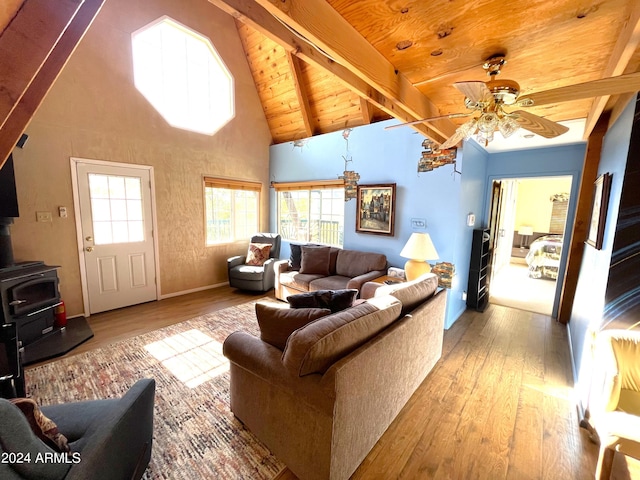 living area featuring wooden ceiling, a wood stove, wood finished floors, and beamed ceiling