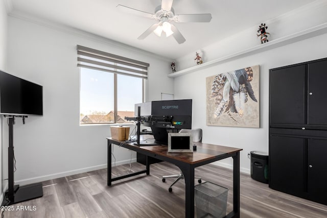 office space featuring ornamental molding, baseboards, and wood finished floors