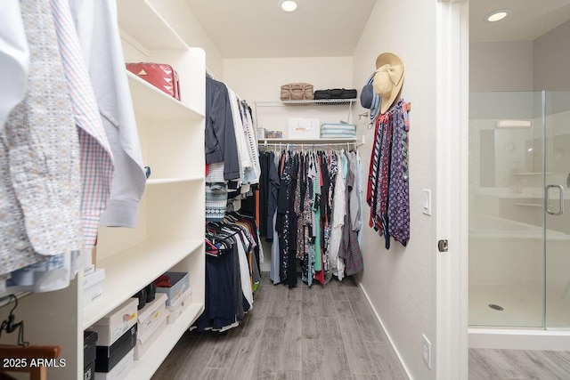 walk in closet with wood finished floors