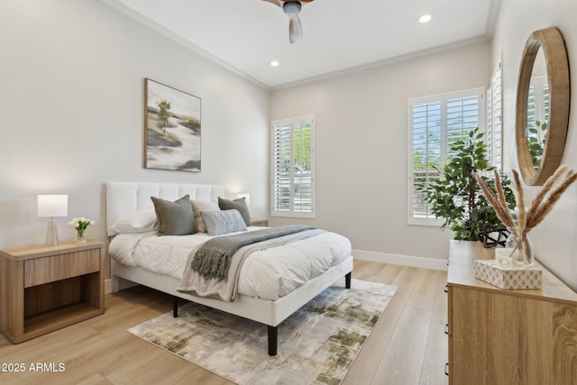 3202 E Orange Dr, Phoenix, AZ 85018 - bedroom with ornamental molding, light wood finished floors, baseboards, recessed lighting, and ceiling fan