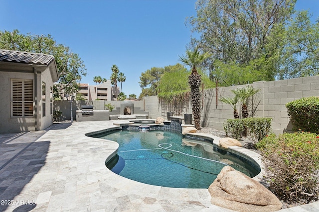 3202 E Orange Dr, Phoenix, AZ 85018 - view of pool featuring a fenced backyard, a patio area, a pool with connected hot tub, and area for grilling