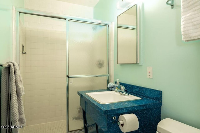 bathroom with a shower stall, toilet, and vanity