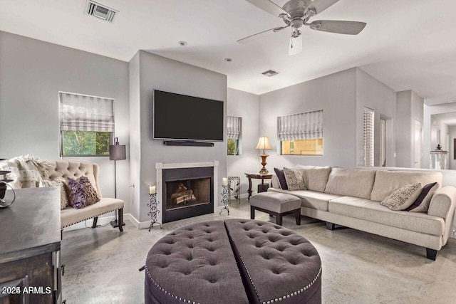 living room featuring ceiling fan