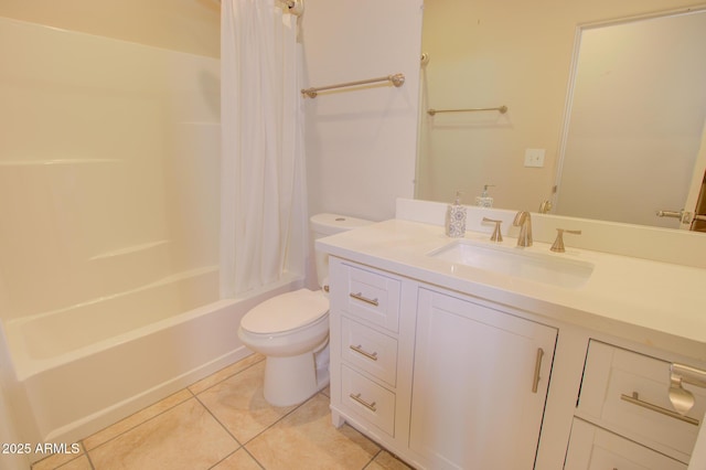 full bathroom with toilet, shower / tub combo, vanity, and tile patterned floors