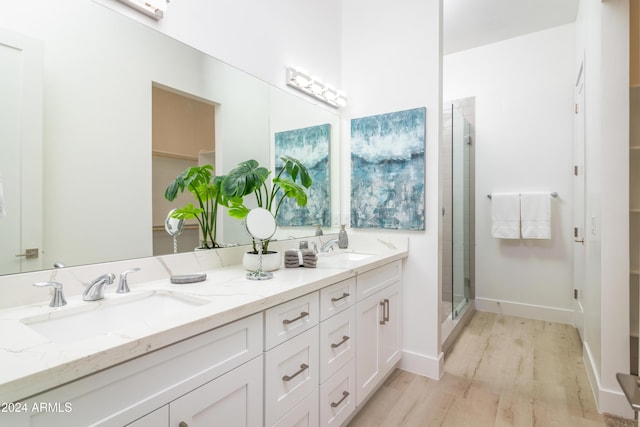 bathroom with wood-type flooring, vanity, and walk in shower