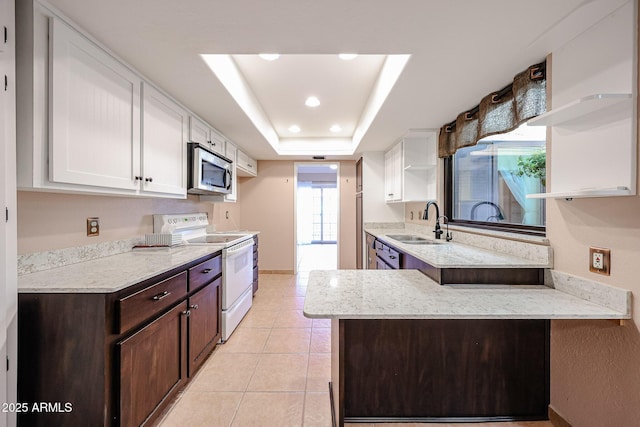 4916 E Hopi St, Phoenix, AZ 85044 - kitchen with open shelves, white range with electric cooktop, a raised ceiling, stainless steel microwave, and a sink
