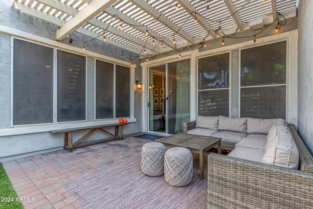 view of patio with an outdoor hangout area and a pergola