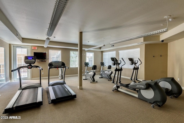 workout area with visible vents, baseboards, carpet floors, and a textured ceiling