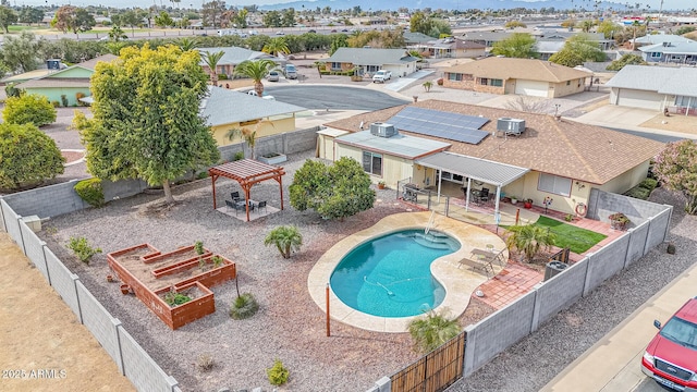 view of pool featuring a patio, cooling unit, and a pergola