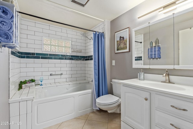 full bathroom with vanity, shower / tub combo, tile patterned floors, and toilet