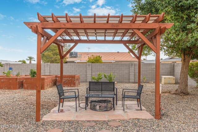 view of patio featuring a pergola, central air condition unit, and a fire pit