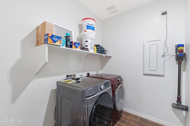 laundry area with independent washer and dryer and electric panel