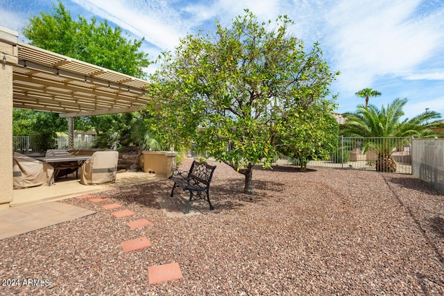 view of yard with a pergola and a patio area