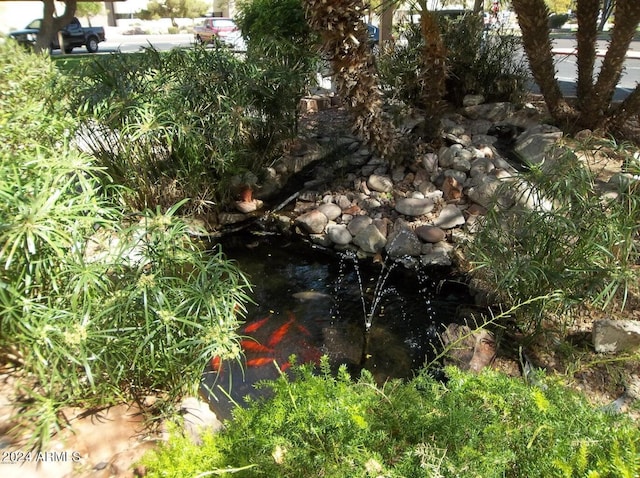 exterior space featuring a garden pond