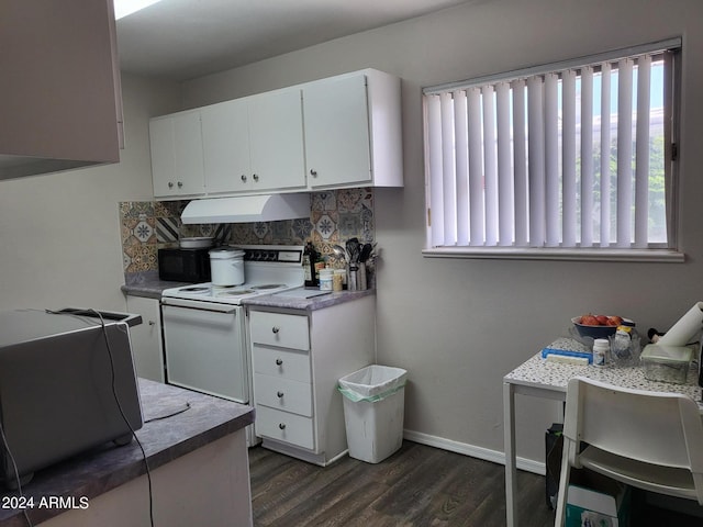 kitchen with under cabinet range hood, decorative backsplash, white cabinets, dark wood-style flooring, and white electric stove