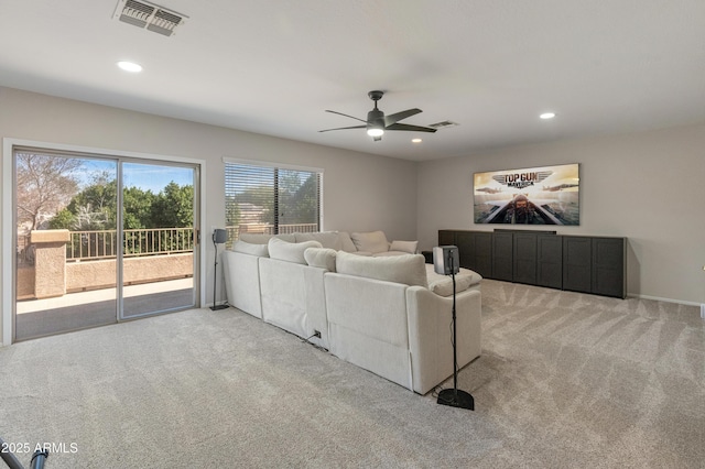 5917 N 133rd Ave, Litchfield Park, AZ 85340 - living room with recessed lighting, a ceiling fan, visible vents, and light carpet