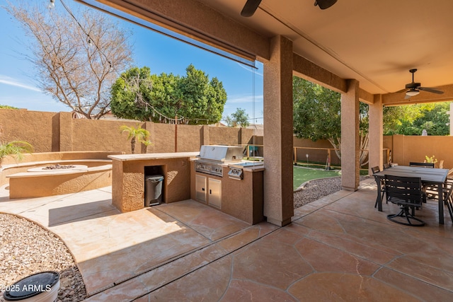 5917 N 133rd Ave, Litchfield Park, AZ 85340 - view of patio / terrace with area for grilling, a ceiling fan, and a fenced backyard