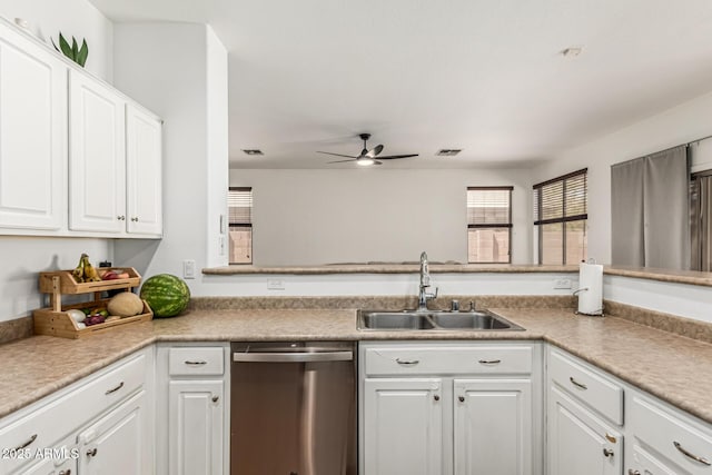 609 S 122nd Dr, Avondale, AZ 85323 - kitchen featuring dishwasher, ceiling fan, white cabinets, and light countertops
