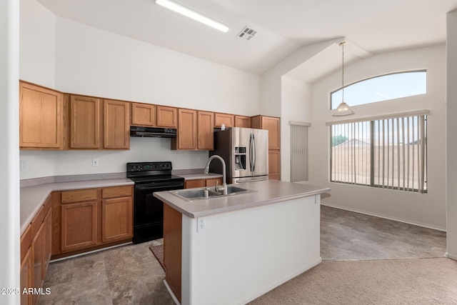 14936 W Maui Ln, Surprise, AZ 85379 - kitchen with black electric range oven, range hood, stainless steel refrigerator with ice dispenser, high vaulted ceiling, and brown cabinets