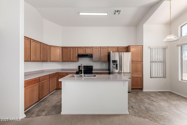 14936 W Maui Ln, Surprise, AZ 85379 - kitchen featuring stainless steel refrigerator with ice dispenser, under cabinet range hood, an island with sink, light countertops, and high vaulted ceiling