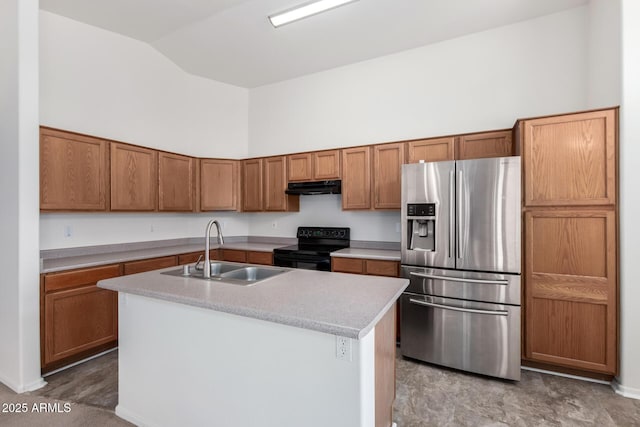 14936 W Maui Ln, Surprise, AZ 85379 - kitchen with stainless steel fridge, under cabinet range hood, black range with electric stovetop, light countertops, and high vaulted ceiling