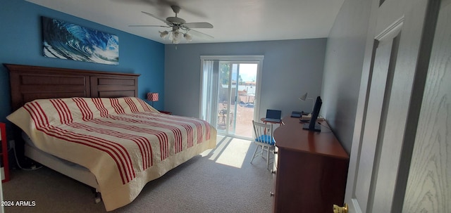 bedroom featuring carpet flooring, ceiling fan, and access to outside