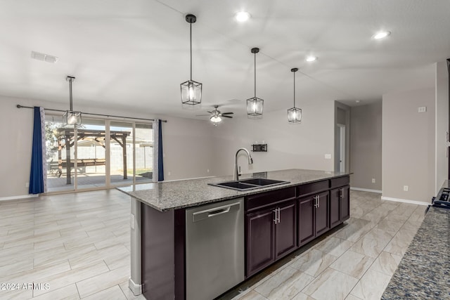 kitchen featuring dark brown cabinets, stainless steel dishwasher, stone counters, decorative light fixtures, and sink