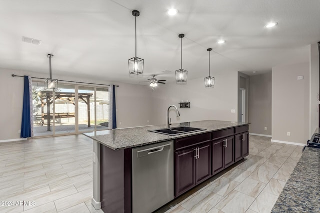 19034 W Yucatan Dr, Surprise, AZ 85388 - kitchen featuring dishwasher, a sink, ceiling fan, a center island with sink, and open floor plan