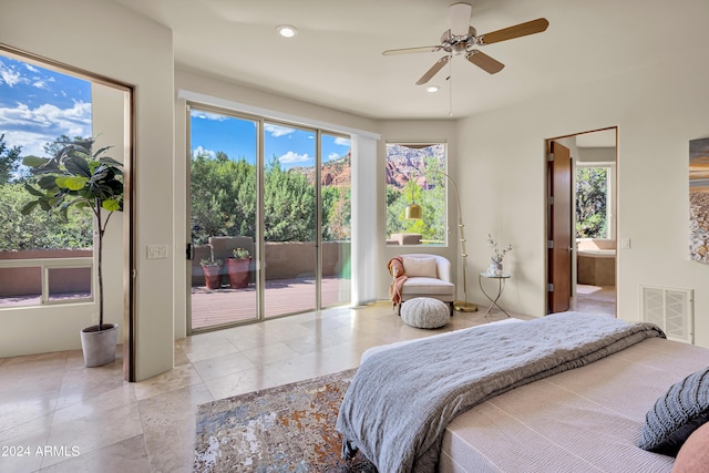 bedroom with visible vents, access to exterior, multiple windows, and recessed lighting