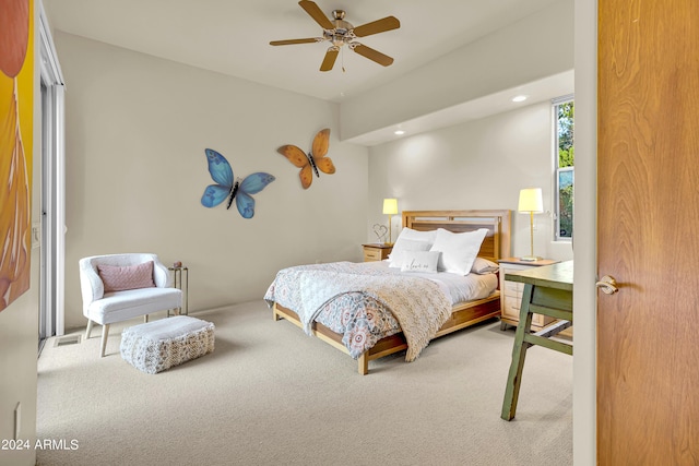 carpeted bedroom with visible vents, recessed lighting, and a ceiling fan