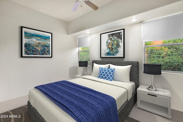 bedroom with recessed lighting and ceiling fan